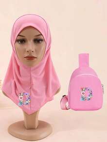 2件装 A-Z 儿童女孩紫色花朵头巾胸包，中东穆斯林阿拉伯风格，可爱优雅，透气可调节，四季皆宜，适合作为礼物 - 粉色 - 查看 11