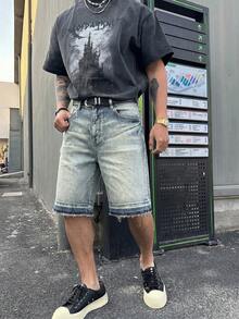 男士水洗復古牛仔短褲，街頭時尚設計感寬鬆直筒及膝牛仔短褲，休閒高街品牌夏季短褲 - 藍色 - 查看 6