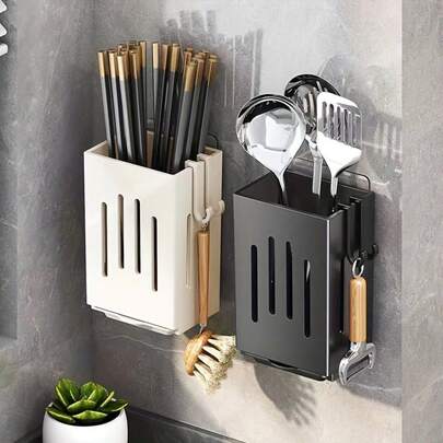 1 set keukenwandrek - Multifunctioneel afdruiprek voor eetstokjes, lepels en vorken - Afneembare plastic opbergbakjes - Ruimtebesparende organizer