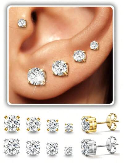 14K Gold-Plated Cubic Zirconia Stud Earrings, Unisex, Hypoallergenic Stainless Steel Ear Posts Plated With Silver/Gold, 3-4-5-6mm Simulated Diamond Round CZ Stud Earrings, Suitable For Everyday Wear.