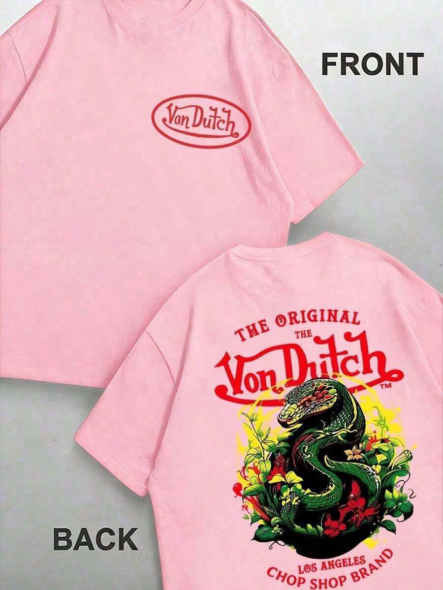 Men And Women's Double Side Print Von D Utch Dragon Floral Design Red And Green Print Fabric Soft & Skin-Friendly Unisex Style Van Dutch Dragon Print T Shirt Classic Americana Style Graphic 2026 Summer 100% Cotton Vintage Gothic T-Shirt Y2k Clothes Men - Hồng - Xem 1
