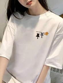 日系女式夏季宽松街头猫咪图案休闲可爱短袖T恤 - 白色 - 查看 4