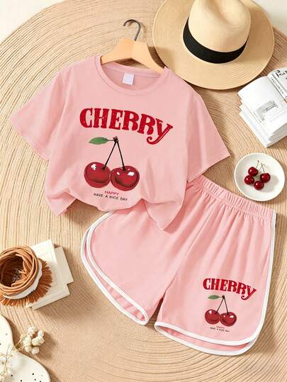 2pcs Girls Casual Set, Including "CHERRY" Printed T-Shirt And Cherry Print Dolphin Shorts, Suitable For Back To School And Summer Wear