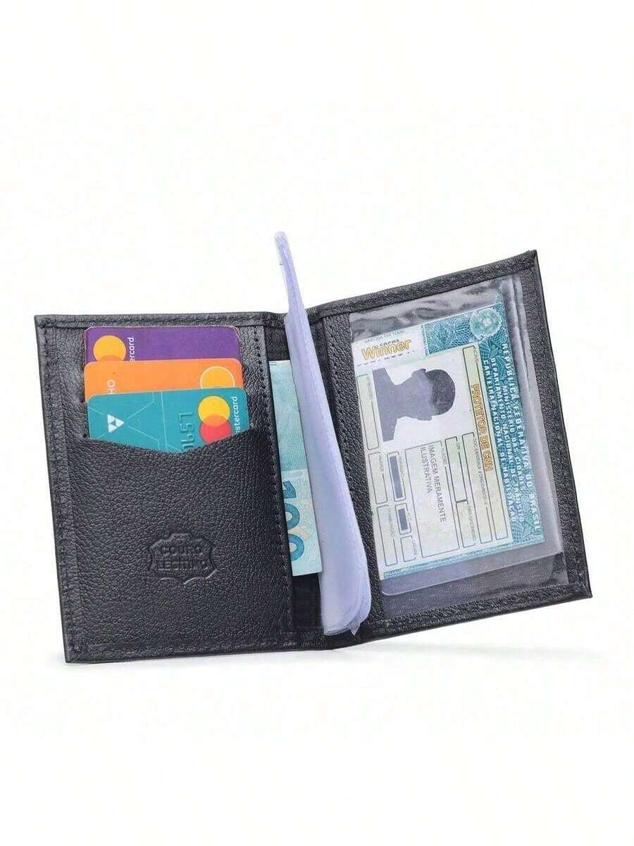 Men's Leather Document Holder Wallet, Fits ID Card, Driver's License, With Internal Compartments For Cards And Plastic Sleeves - Negro - Ver 1