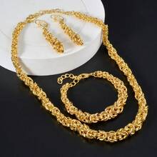 3pcs 18K Gold Chunky Chain Jewelry Set, Vintage Necklace Bracelet Earrings For Women Party Wear - Gold - View 8