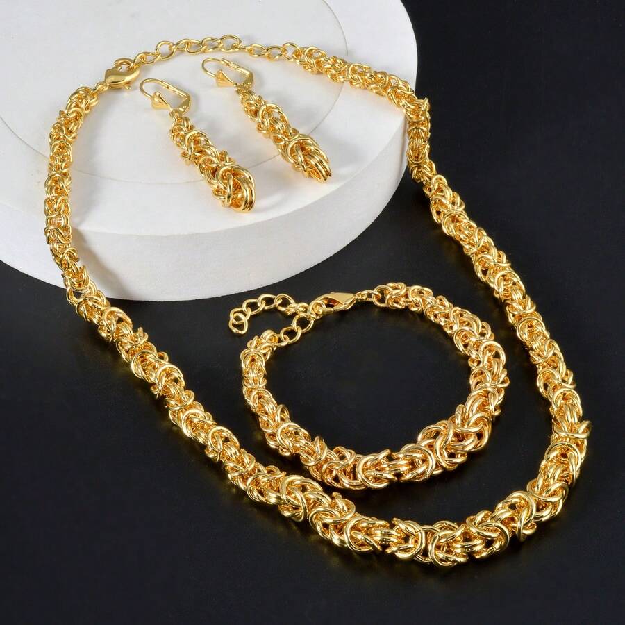 3pcs 18K Gold Chunky Chain Jewelry Set, Vintage Necklace Bracelet Earrings For Women Party Wear - Gold - View 1