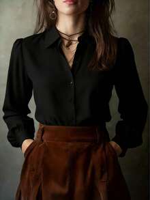 Elegant Solid Color Women's Long Sleeve Shirt, Versatile Casual Blouse For All Seasons Black - Black - View 7