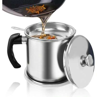 1,3L Recipiente portátil de acero inoxidable para almacenamiento/filtración con asa y tapa de acero inoxidable, red de filtrado de aceite resistente a altas temperaturas, separador de residuos de aceite de fácil limpieza
