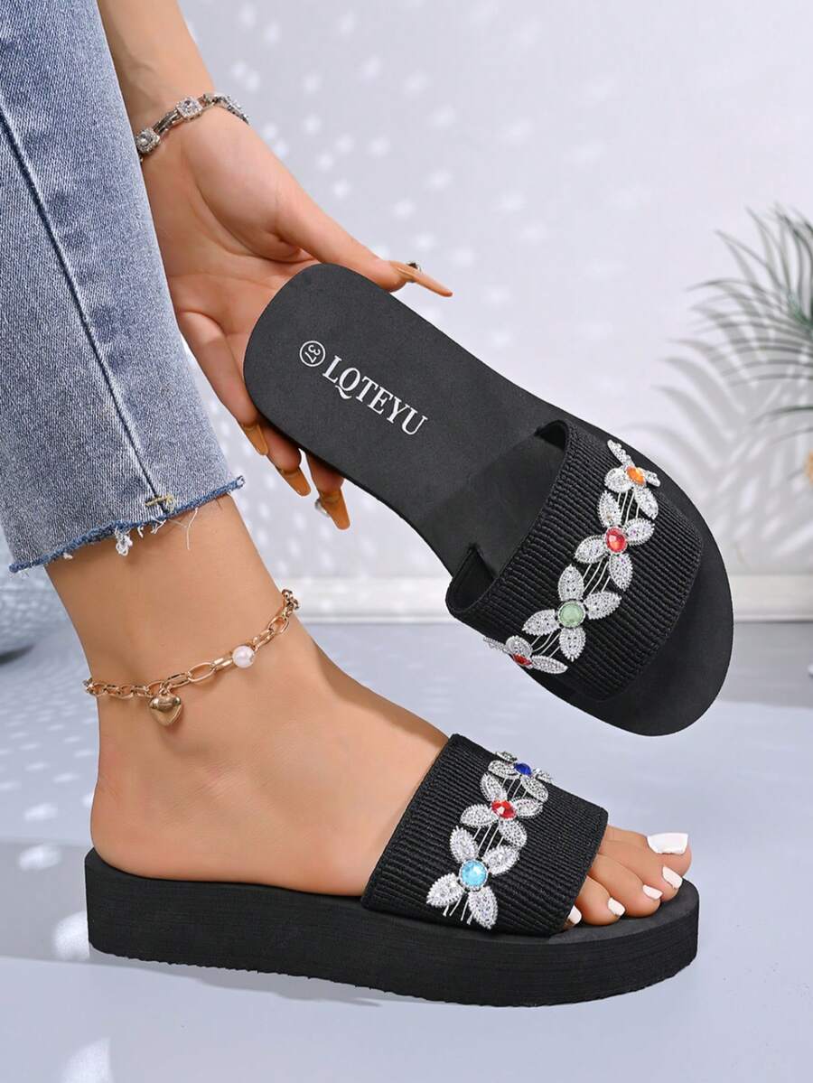 1 Pair Fabric Breathable Platform Slippers, Fashionable Comfortable Versatile Suitable For Teenage Girls In Summer - Black - View 1