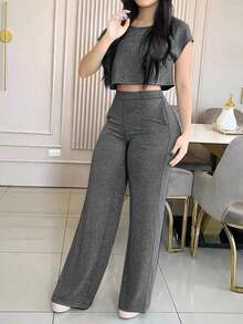Conjunto casual y elegante de 2 piezas de unicolor con bolsillo, primavera/verano negro para mujer - Gris Oscuro - Ver 4
