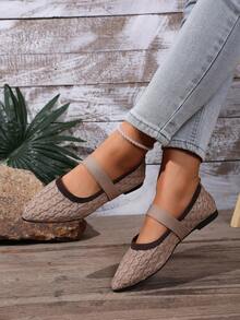 Women's Pointed Toe Mary Jane Flat Shoes [1 Pair] Khaki Vintage Knit Elastic Strap Flats, Colorblock Collar, Soft Sole, Breathable, Comfortable, Suitable For Commuting, Work, Driving, Daily Wear, Versatile, Gentle Elegant, Low Vamp Women's Shoes - Khaki - View 1