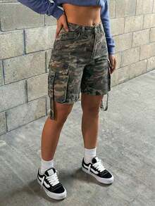 Women's Straight Leg Cargo Denim Capri Pants Casual Summer - Army Green - View 3