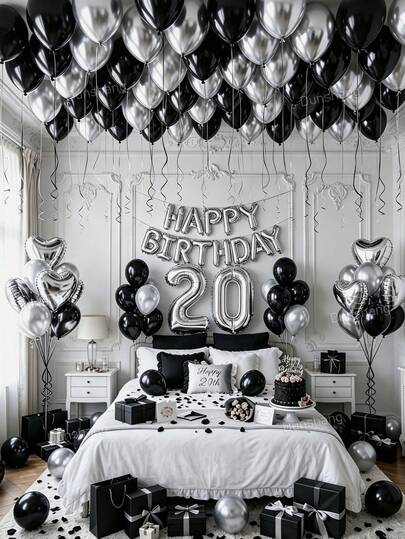 67pcs Silver & Black Birthday Decoration Set - Birthday Decorations For Men & Women, Happy Birthday Banner Letters + Silver Foil Heart Balloons + 500 Nonwoven Flower Petals, Thickened Latex Balloons, Suitable For 15th, 16th, 17th, 18th, 19th, 20th, 21st, 22nd, 23rd, 24th, 25th, 26th, 27th, 28th, 29th, 30th, 35th, 40th Birthday Decorations, Party Decorations, Birthday Party Supplies, Room Decor, Wedding, Graduation, Romantic Couple Bedroom Decor