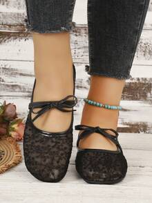 Nouvelles chaussures plates babies à bout rond en maille avec fleur en dentelle pour femmes, couleur unie, mode élégante, vacances, bohème, décontracté, fête, été - Noir - Voir 5