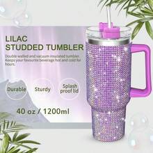 40 Oz (Approximately 1134.0 Grams) Flat-Bottomed Cup, Glittery Glass Cup With Handle, Rhinestone Tumbler, Shiny Cup, Stainless Steel Water Bottle, Diamond-Embellished Glass Cup, Suitable For Women, Mothers, And Girlfriends (Purple-Red) - 淡紫色 - 查看 3