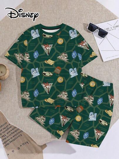  Conjunto de 2 piezas para hombre de Disney, camiseta de manga corta con gráfico de Nick y Judy y pantalón corto de pijama, ropa de dormir casual de verano