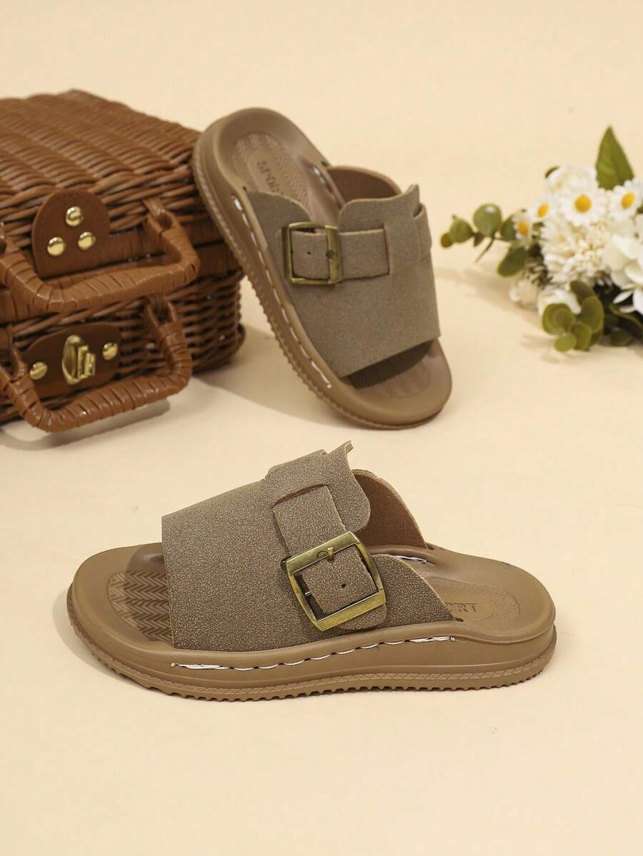 1 đôi dép lê trẻ em unisex, chất liệu mờ, kiểu dáng thời trang mùa hè. - Màu Khaki - Xem 1