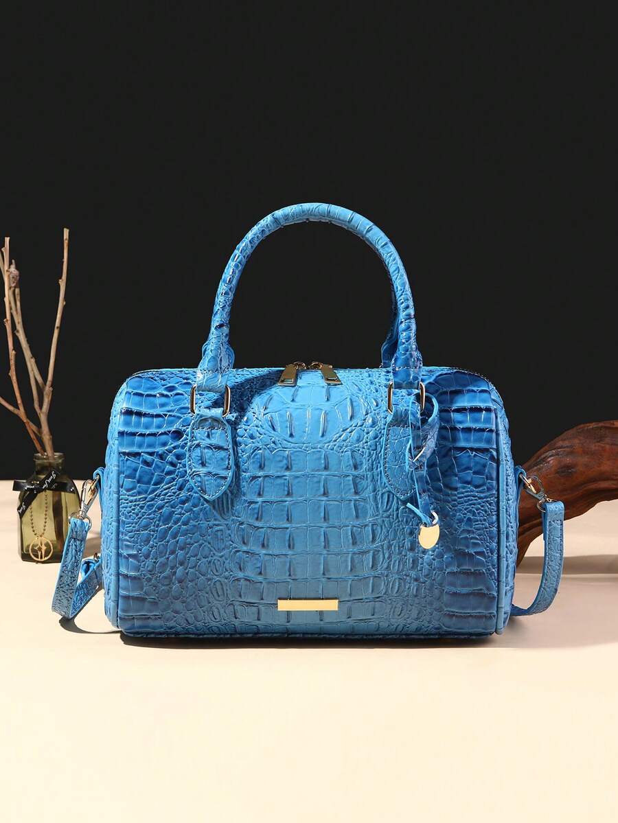 Luxury Crocodile Pattern Handbag, Retro Genuine Purse, Women's Classic Boston Bag & Shoulder Bag - Xanh da trời - Xem 1