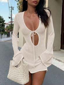 Women's New Hollow Out Sexy Beach Vacation Casual Daily Dress, Flare Sleeve Short Knit Sweater Dress, Spring/Summer/Autumn - 米色 - 查看 1