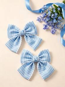 Two New Korean Style Plaid Fresh Lace Bow Hair Clips With A Gentle And Elegant College Style - Multicolor - View 6