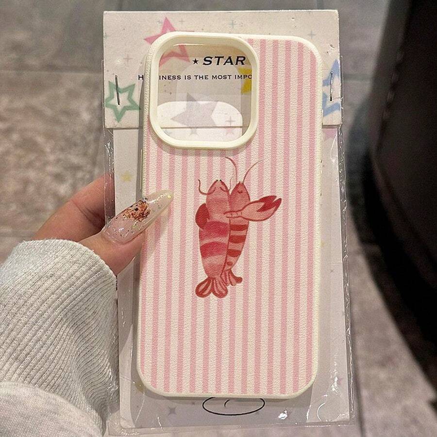 1pc TPU Material Sweet Pink Striped Dancing Lobster Pattern Phone Case Compatible With Iphone 17 Pro Max/17/16 Pro Max/15/13/12/11, S20 FE/A15/S24/A55, Note 11/Note 12/Note 13 Pro, Full Coverage Anti-Drop Soft Protective Phone Case - White - View 1