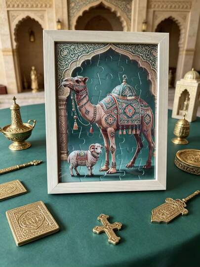 Khung ảnh gỗ hình lạc đà và cừu theo phong cách Hồi giáo, có thể trưng bày hoặc treo, quà tặng Eid Al-Adha, trang trí nhà cửa.