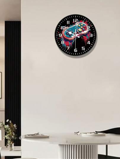 1Pc 10/12-Inch Plastic Silent Wall Clock - A 2D Printed Round Clock With A Modern Minimalist Luxury Design Featuring A Game Controller, Suitable For Decorating Offices And Living Rooms, Battery-Operated (AA Batteries Not Included).