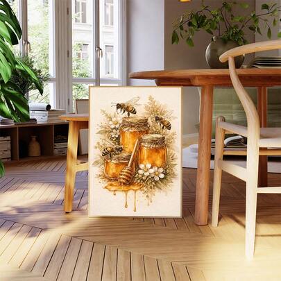 Tranh canvas treo tường hình ong mật cổ điển (1 tấm/bộ), tranh minh họa màu nước về những hũ mật ong, tranh in trên vải canvas chủ đề ong và hoa, thích hợp trang trí phòng bếp và phòng ăn, chất liệu canvas, không bao gồm khung.