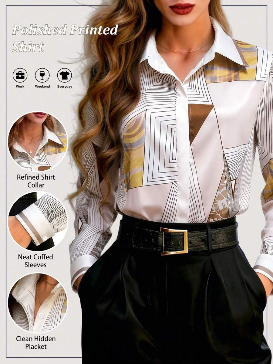 优雅设计感成熟港式女式衬衫，条纹图案格子拼接领，休闲度假装。
