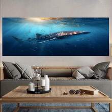 Arte de pared 2D plano, 1 pieza grande, moderno y minimalista, de tiburón ballena en el océano - Realista, adecuado para decoración del hogar, pintura grande en lienzo de tiburón ballena nadando en el océano, sin marco para dormitorio, oficina - Regalo detallado, 2D plano - Enmarcado - Ver 4