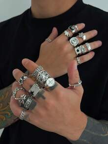 Set de 20 piezas de anillos góticos vintage de plata, estilo punk, adecuados para hombres, con diseños de calavera, estrella y motocicleta, anillos apilables para uso casual, fiesta o como regalo - Plata antigua - Ver 3
