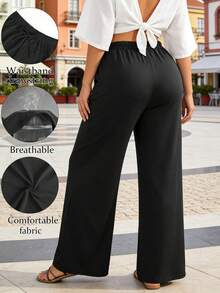 Women's Solid Color Drawstring Waist Loose Casual Wide Leg Pants, Loose Vacation Beach Style Vacation Pants, Elegant Bohemian Style Airport Casual Pants - Black - View 6