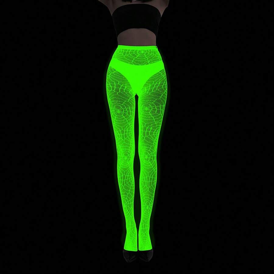 Fluorescent Pantyhose, Luminous Fishnet Stockings, Green Light Sexy Tattoo Lace, Jacquard Lace Hollow Stockings - Màu huỳnh quang 01 - Xem 1