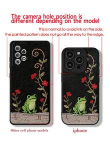 Flower & Frog Cute Painted Perforated Black Painted With Strawberry Chain Simple Fashion Creative Anti-Drop Phone Case Compatible With IPhone/ Galaxy// - Multicolor - View 6