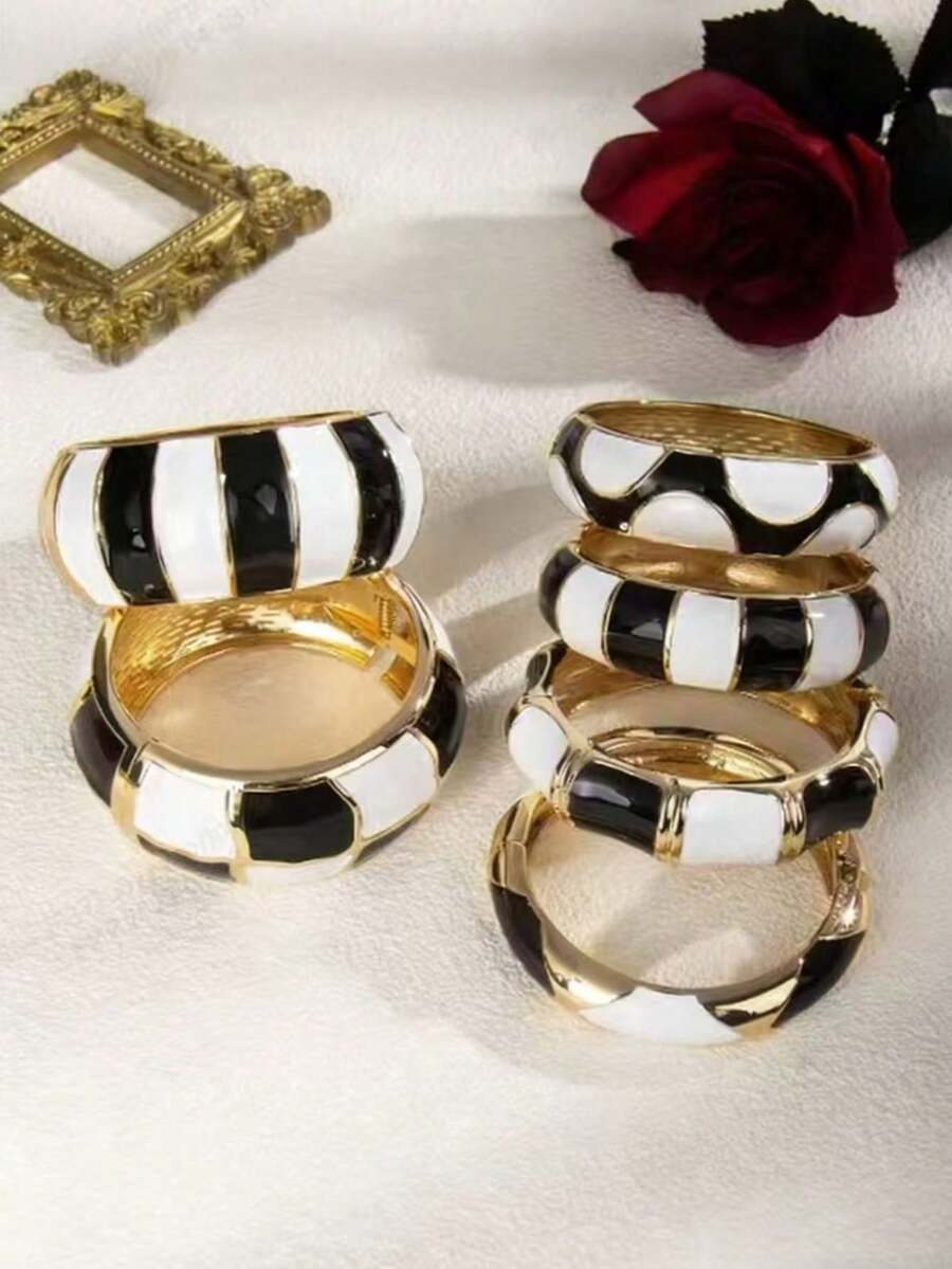 1pc Vintage Multi-Purpose Classic Geometric Black & White Drip Open Bangle, Suitable For Daily Wear, Party And Vacation - Black and White - View 1