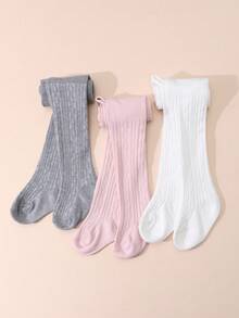 3 Pairs Baby Girls' Solid Color Cable Knit Tight Elastic Leggings, Soft And Comfortable For 0-3 Years Old - Multicolor - View 7
