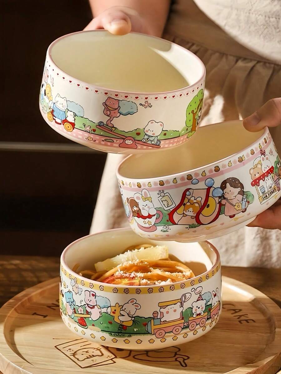 4.5英寸可爱女孩陶瓷碗,适用于盛放米饭、面条、沙拉、水果、酸奶和甜点,家用厨房餐具 - 彩色 - 查看 1