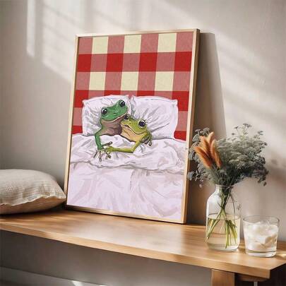 1pc/Set Vintage Cute Frog Couple Canvas Wall Art, Kawaii Animal Canvas Poster Prints With Red Grid Background For Bedroom Living Room Decor, Cozy Animal Canvas Poster,Canvas Painting,No Frame Include
