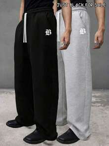 Men's Casual Pants With Letter Print And Drawstring Waist, Suitable For Daily Wear, Outing, And Sports - Black - View 3
