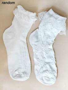 2/4 Pairs Women Lace Trim Mid-Calf Socks, Casual School Style Socks, Home & Travel Socks, Random Mixed - White - View 7