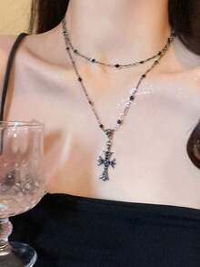 European & American Style Cross Pendant Choker Necklace, Edgy & Sweet Goth Chic Multi-Layer Tassel Long Necklace, Sweater Chain For Women - 彩色 - 查看 4