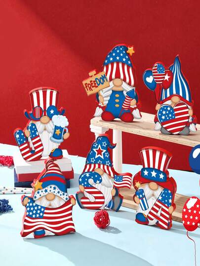 6pcs Set: Patriotic 250th Anniversary July 4th Themed Desktop Decor - Wooden Gnomes (Red & Blue) - Independence Day & Memorial Day Desktop Handicrafts - Wooden Gnome Figurines For Independence Day, Memorial Day, And Veterans Day Parties, American Themed