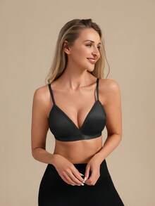 1pc Women's Summer French Triangle Cup Silk Wireless Bra, Removable Pads, Adjustable Straps, Casual Minimalist, Versatile Solid Deep V Bra - Black - View 6