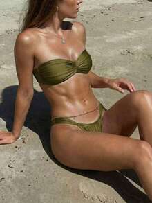 Women's Elegant Backless Ruffle Hem Solid Color Beach 2 Pieces Set, Vacation Summer - Olive Green - View 4