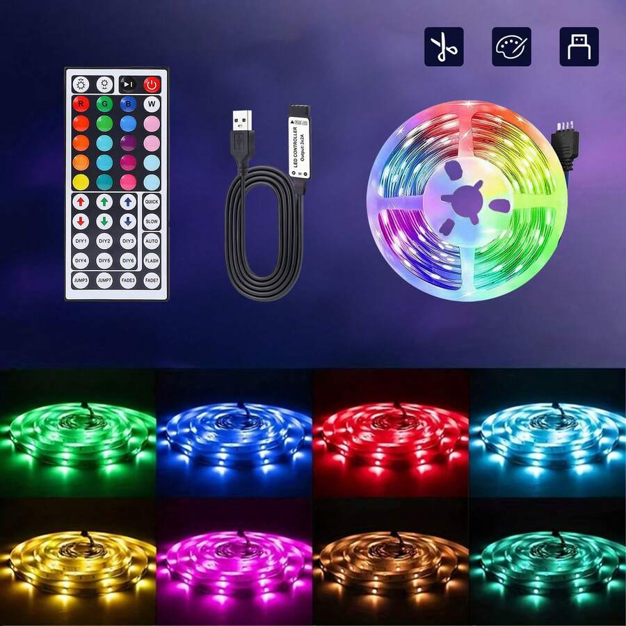 39英寸-1574英寸室内装饰照明RGB LED灯带,44键遥控器,可变色可调光,带自粘背胶。适用于房间、家居和派对场所的LED灯带装饰。 - Multi-color light - 查看 1