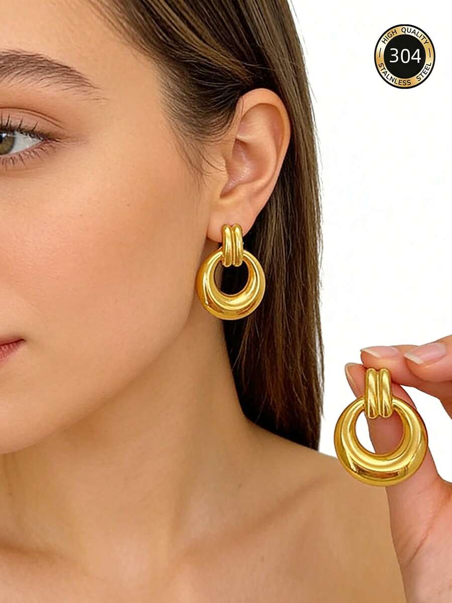 1 Đôi bông tai bằng thép không gỉ thiết kế hình tròn tối giản, kiểu dáng cổ điển, thích hợp đeo hàng ngày quanh năm, quà tặng Ngày của Mẹ. - Vàng - Xem 1