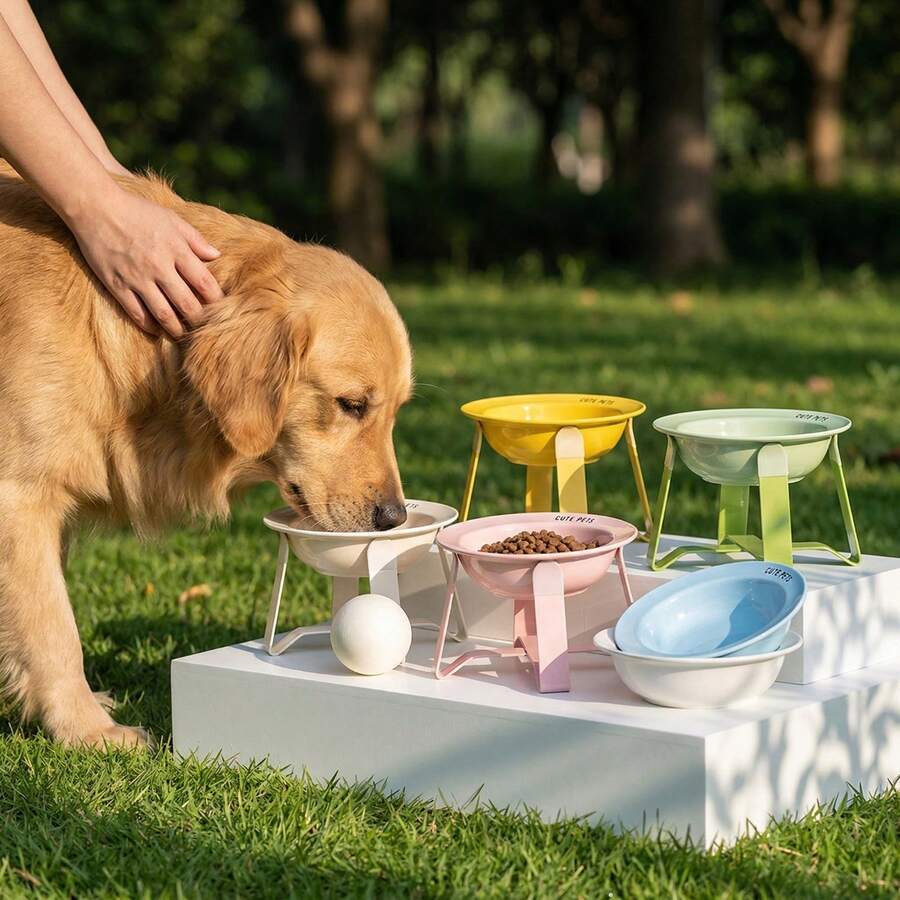 Elevated Ceramic Cat/Dog Bowl With Metal Stand, Anti-Slip & Neck Protection, Tilted Feeder For Small/Medium Pets - 220ml - View 1