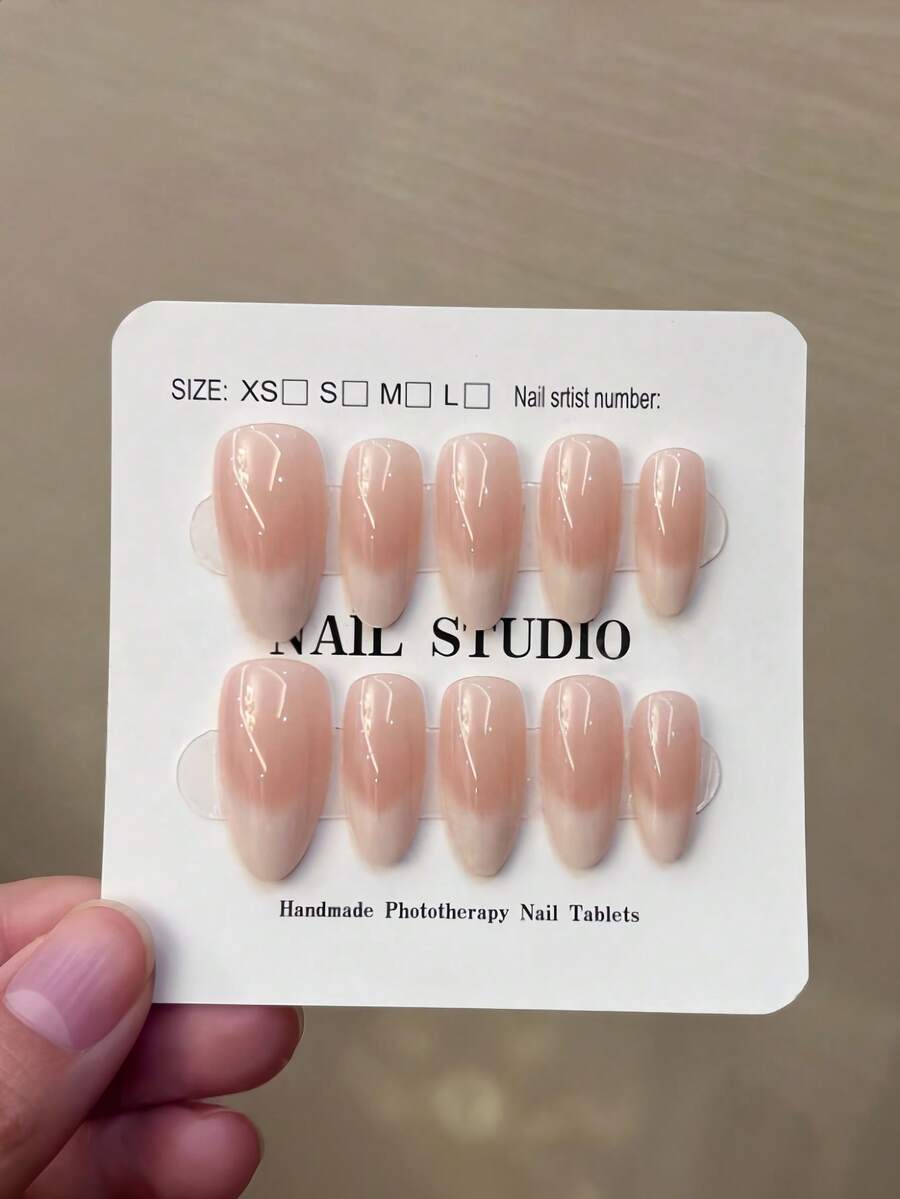 10片/盒 Y2K 手工中号杏仁乳白渐变法式美甲贴纸,加厚甲贴,包含1片果冻胶和1个指甲锉,手工美甲,适合女性和女孩日常、派对和聚会。 - 杏色 - 查看 1
