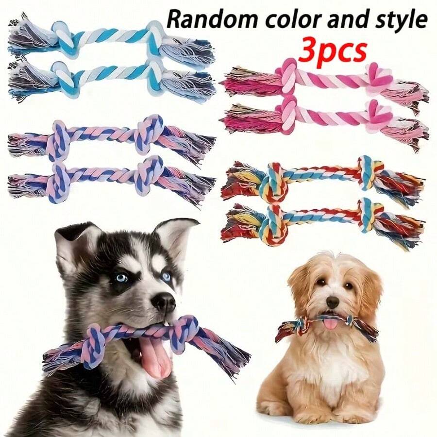 3条随机颜色编织绳狗狗咀嚼玩具 - 适合正在长牙的幼犬，可清洁牙齿，促进宠物运动，必备宠物用品，狗狗牵引绳玩具 | 复活节 | 情人节礼物