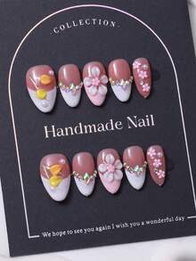 10pcs/Set Handmade Short Almond Shaped Nail Stickers In Y2K Pink, With French Style Design, 3D Hand Carved Patterns And Handcrafted Diamond And Pearl Designs. Comes With 1 Piece Of Jelly Gel And 1 Nail File. Perfect For Daily Use As Well As For Costumes At Coachella Music Festival, Press On Nails And Nail Care Products. - Pink - View 3